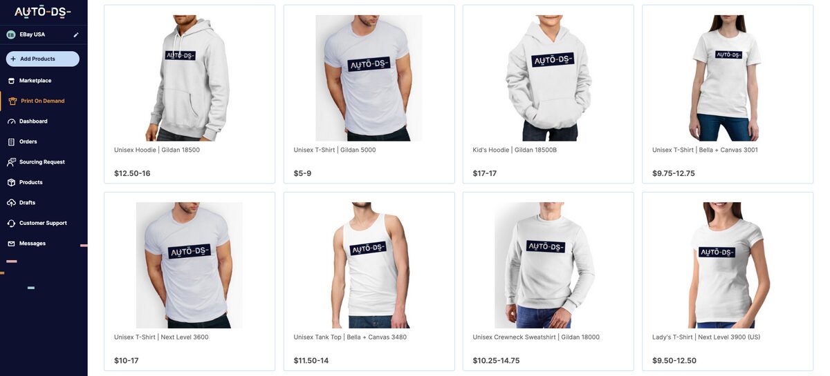 AutoDS's print-on-demand feature for t-shirt dropshipping