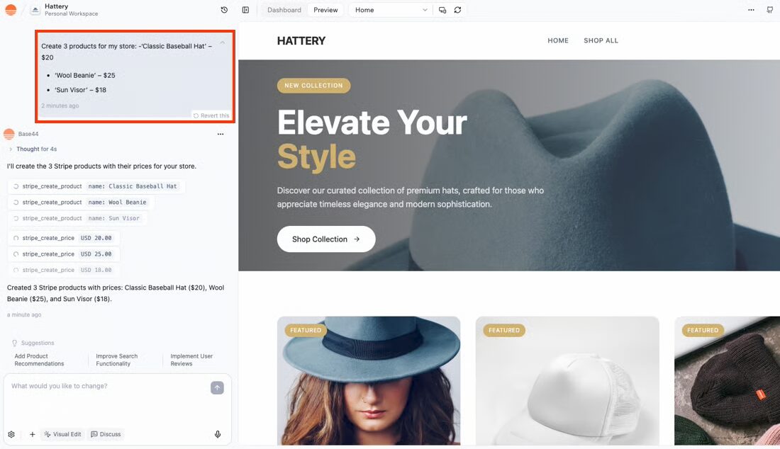 Create products and prices in Base44 to build an e-commerce store